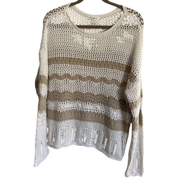 Beach Lunch Lounge Collection Womens Medium Cream Tan Striped Sweater Open Knit - Picture 1 of 9